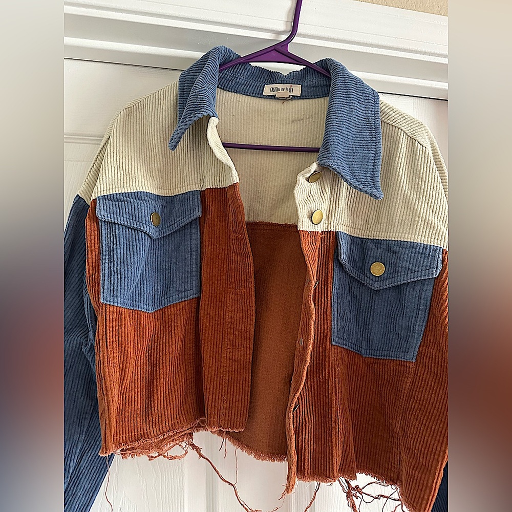 Tri-Color Distressed Cropped Corduroy Jacket